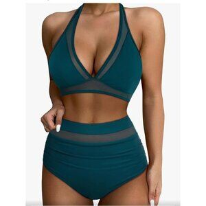 Womens Teal High-Waisted Bikini Set With Mesh Detail & Halter Neck Tie Size L
